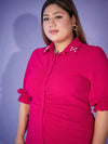 Women Fuchsia Ruched Pearl Shirt With Straight Pants