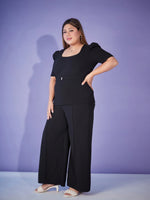 Women Black Belted Top With Bell Bottom Pants