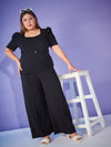 Women Black Belted Top With Bell Bottom Pants