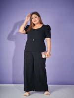 Women Black Belted Top With Bell Bottom Pants