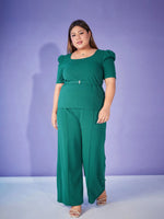 Women Emerald Belted Top With Bell Bottom Pants