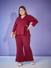 Women Maroon Chain Peplum Top With Bell Bottom Pants