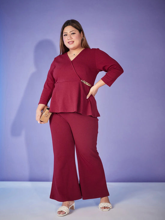 Women Maroon Chain Peplum Top With Bell Bottom Pants