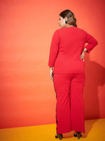 Women Red Regular Top With Side Tape Straight Pants