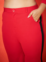 Women Red Regular Top With Side Tape Straight Pants