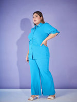 Women Turquoise Ruched Pearl Shirt With Bell Bottom Pants