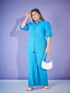 Women Turquoise Ruched Pearl Shirt With Bell Bottom Pants