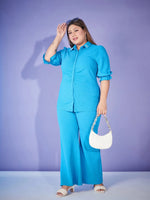 Women Turquoise Ruched Pearl Shirt With Bell Bottom Pants