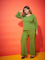 Women Green Regular Top With Side Tape Straight Pants