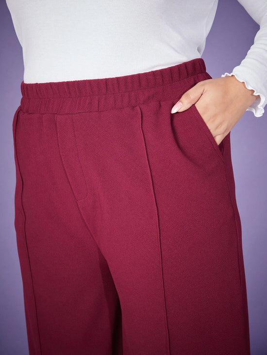 Women Burgundy Elasticated Straight Pants