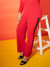 Women Red Side Tape Detail Straight Pants