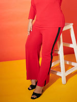 Women Red Side Tape Detail Straight Pants