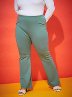 Women Sea Green Zipper Bell Bottom Trousers