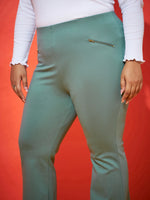 Women Sea Green Zipper Bell Bottom Trousers