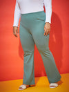 Women Sea Green Zipper Bell Bottom Trousers