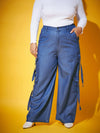 Women Blue Washed Tencel Pocket Cargo Pants