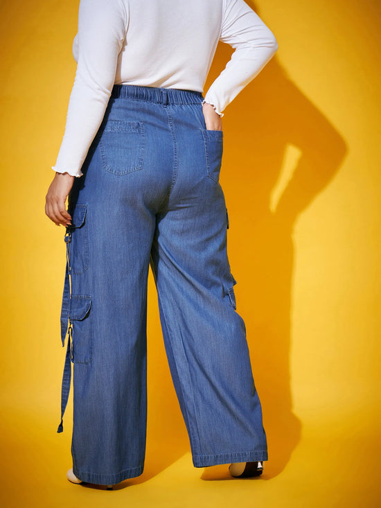 Women Blue Washed Tencel Pocket Cargo Pants