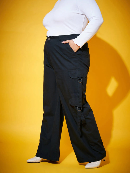 Women Black Washed Tencel Pocket Cargo Pants