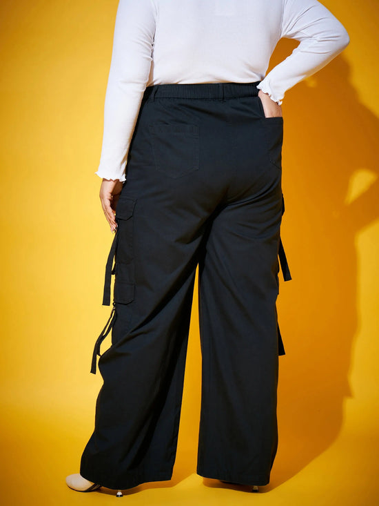 Women Black Washed Tencel Pocket Cargo Pants