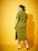 Women Olive Side Slit Straight Midi Dress