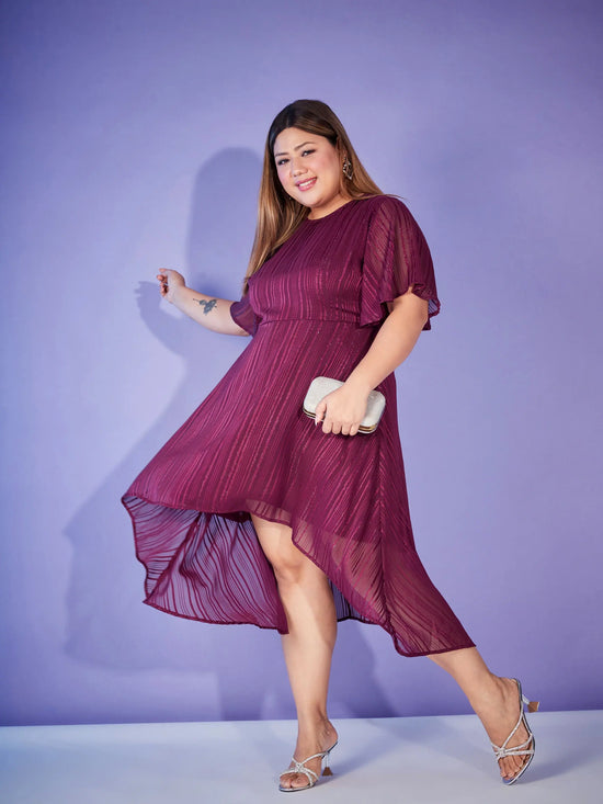 Women Maroon Lurex High Low Dress