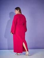 Women Fuchsia Contrast Piping Belted Bodycon Maxi Dress