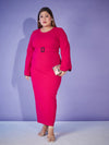 Women Fuchsia Contrast Piping Belted Bodycon Maxi Dress