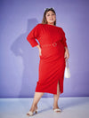 Women Red Ring-Belt Drop Shoulder Midi Dress