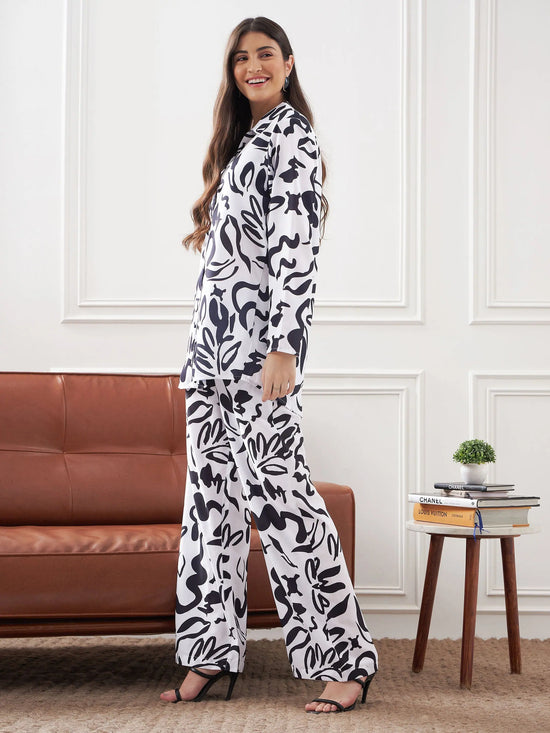 Women White & Black Abstract Art Shirt With Lounge Pants