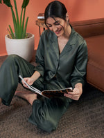 Women Olive Satin Notch Collar Shirt With Lounge Pants