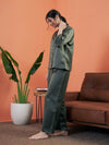 Women Olive Satin Notch Collar Shirt With Lounge Pants