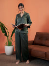 Women Olive Satin Notch Collar Shirt With Lounge Pants