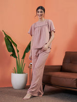 Women Pink Lace Insert Top With Lounge Pants