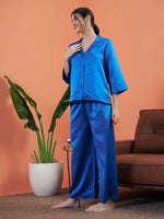 Women Cobalt Blue Satin Notch Collar Shirt With Lounge Pants