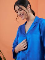 Women Cobalt Blue Satin Notch Collar Shirt With Lounge Pants