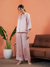 Women Pink Satin Notch Collar Shirt With Lounge Pants