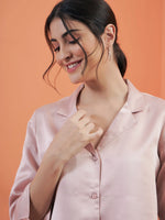 Women Pink Satin Notch Collar Shirt With Lounge Pants