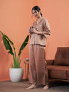 Women Brown Satin Notch Collar Shirt With Lounge Pants