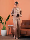 Women Brown Satin Notch Collar Shirt With Lounge Pants