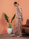 Women Brown Satin Notch Collar Shirt With Lounge Pants