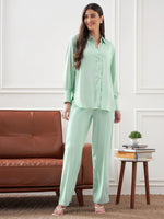 Women Mint Green Satin Shirt With Lounge Pants