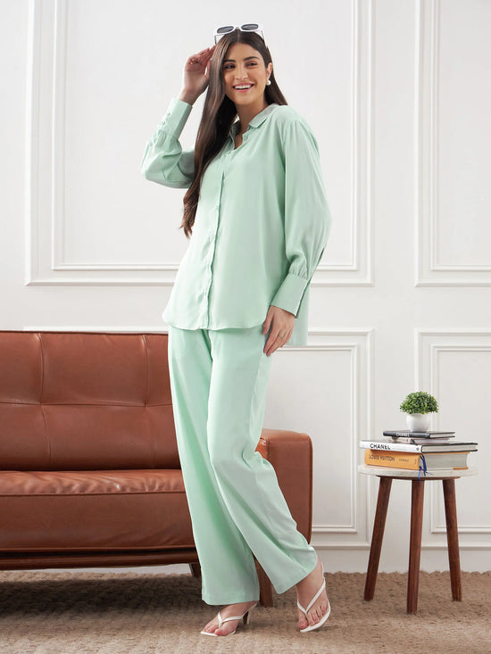 Women Mint Green Satin Shirt With Lounge Pants