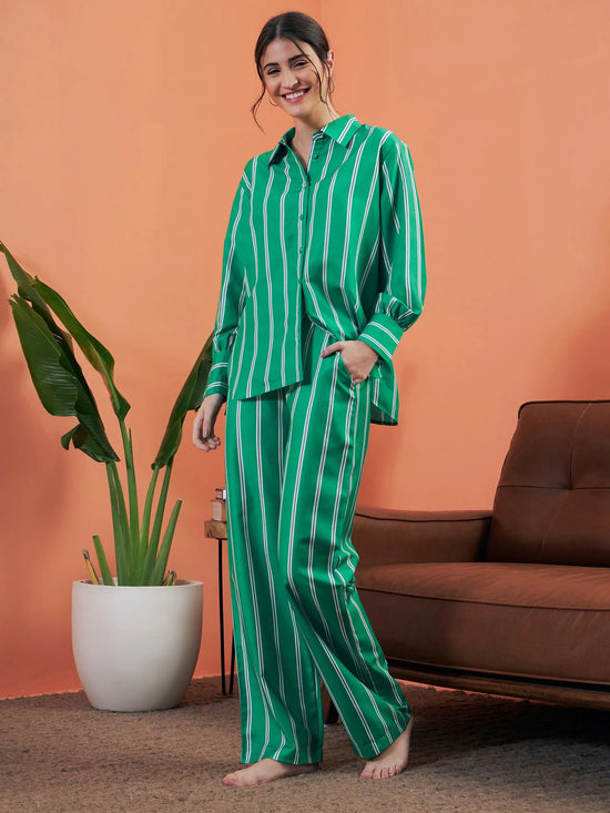 Women Green Stripes Shirt With Lounge Pants