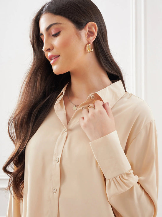 Women Beige Satin Shirt With Lounge Pants