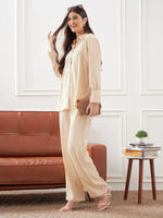 Women Beige Satin Shirt With Lounge Pants