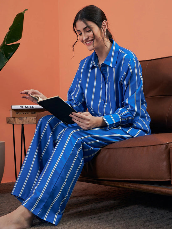 Women Blue Stripes Shirt With Lounge Pants