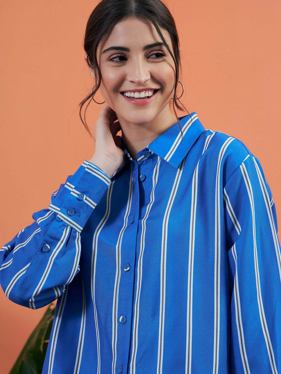 Women Blue Stripes Shirt With Lounge Pants