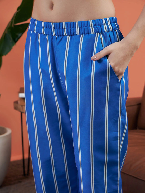 Women Blue Stripes Shirt With Lounge Pants