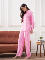 Women Pink Satin Shirt With Lounge Pants