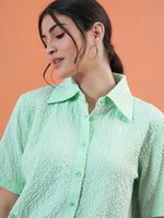 Women Mint Green Seersucker Crop Shirt With Shorts